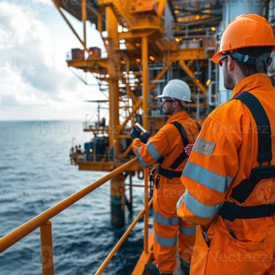 ai-generated-group-of-oil-rig-workers-dressed-in-protective-gear-collaboratively-troubleshooting-a-piece-of-machinery-on-the-deck-of-an-offshore-oil-rig-photo